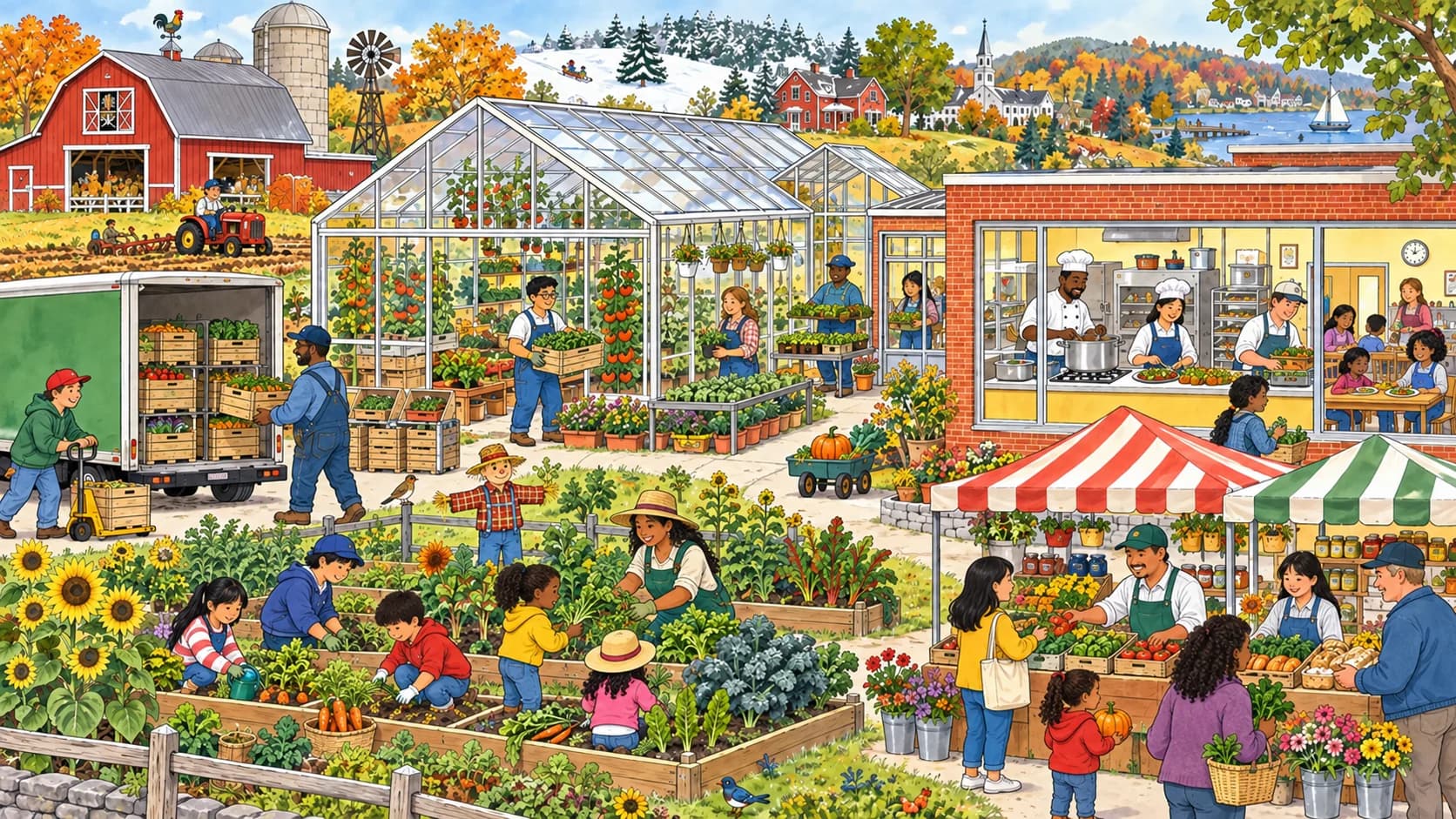 Local greenhouses and farms supply schools and neighborhood markets