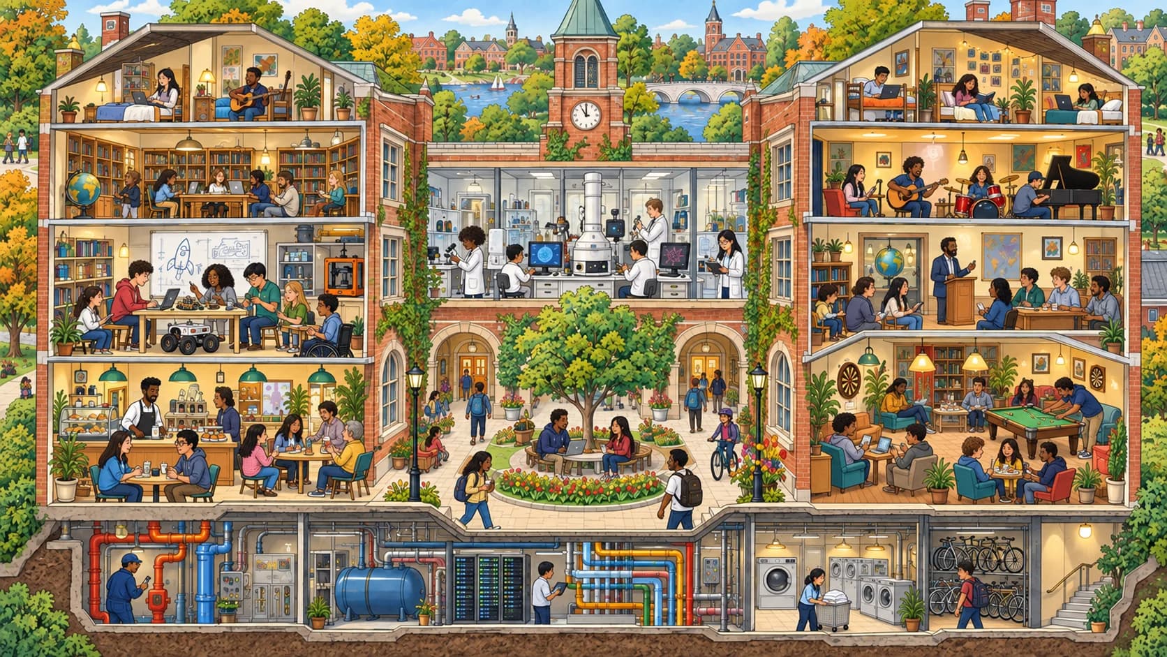A college combines company launchpads, research laboratories, and social clubs