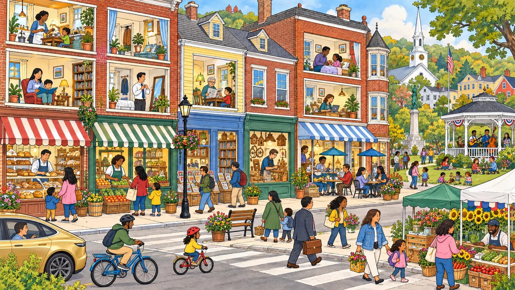 A lively New England Main Street with residents upstairs and shops, cafes, and workplaces at street level