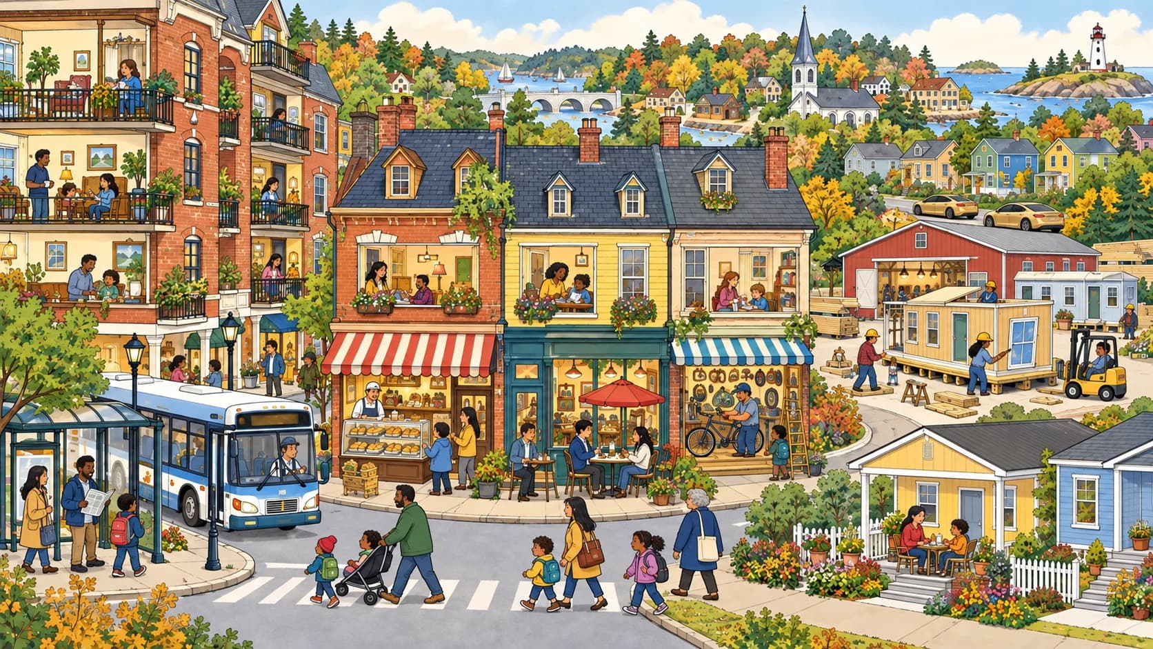 A storybook Massachusetts town with taller apartments, active Main Street shops, and factory-built homes
