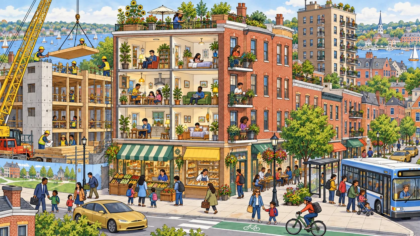 Builders add apartments above shops and near a transit stop in a Massachusetts neighborhood