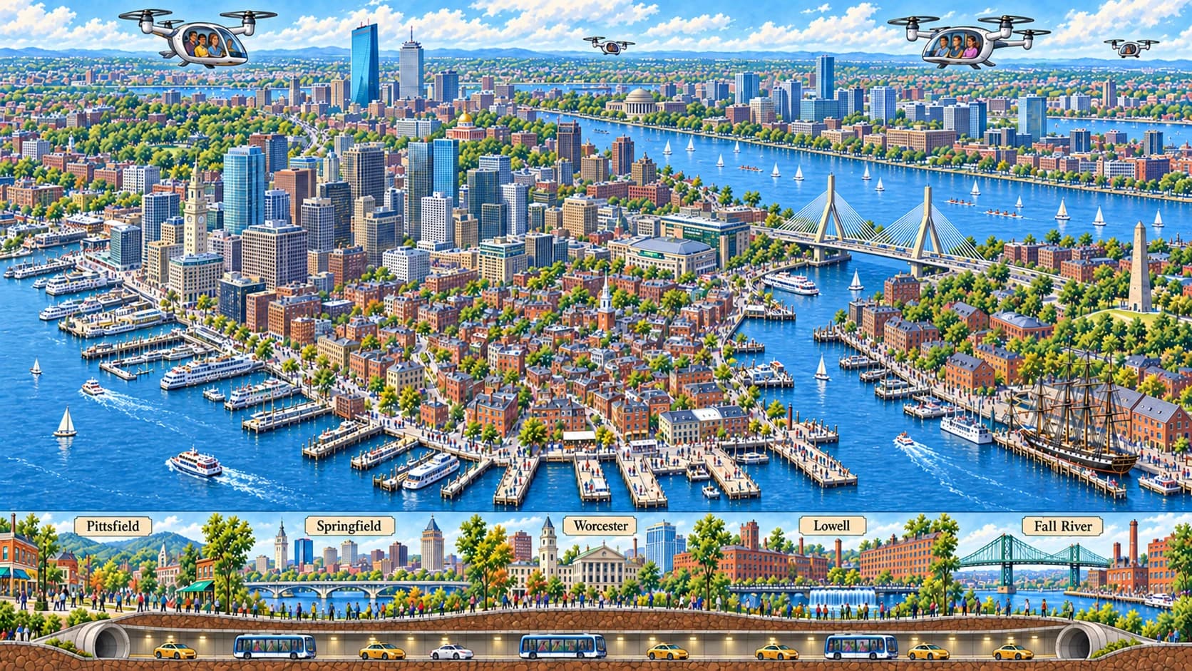 An illustrated aerial view of future Boston with passenger drones and a narrow vehicle-tunnel strip linking Pittsfield, Springfield, Worcester, Lowell, and Fall River