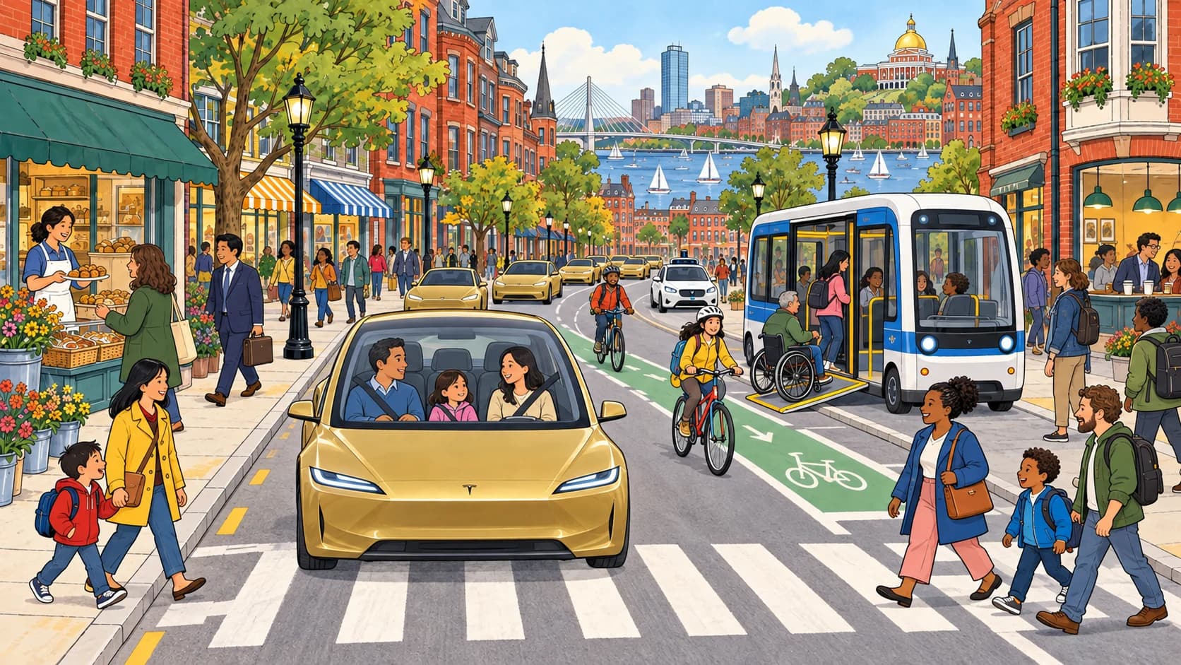 A walkable Massachusetts neighborhood served by shared autonomous cars and buses