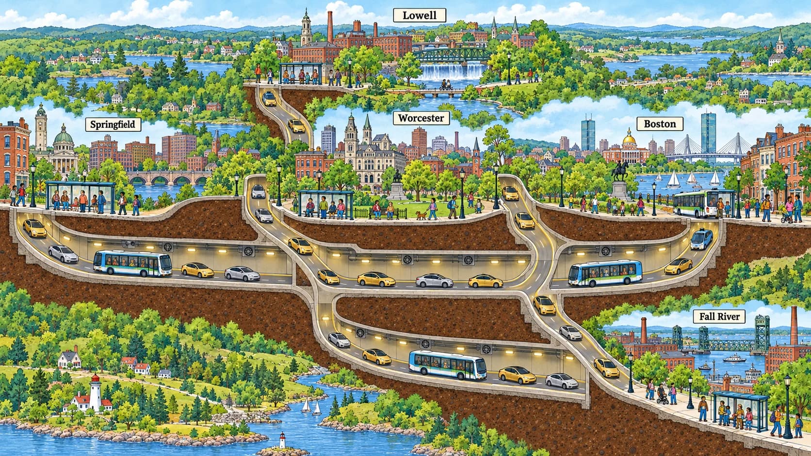 Autonomous buses and cars travel through vehicle tunnels connected to surface streets by ramps