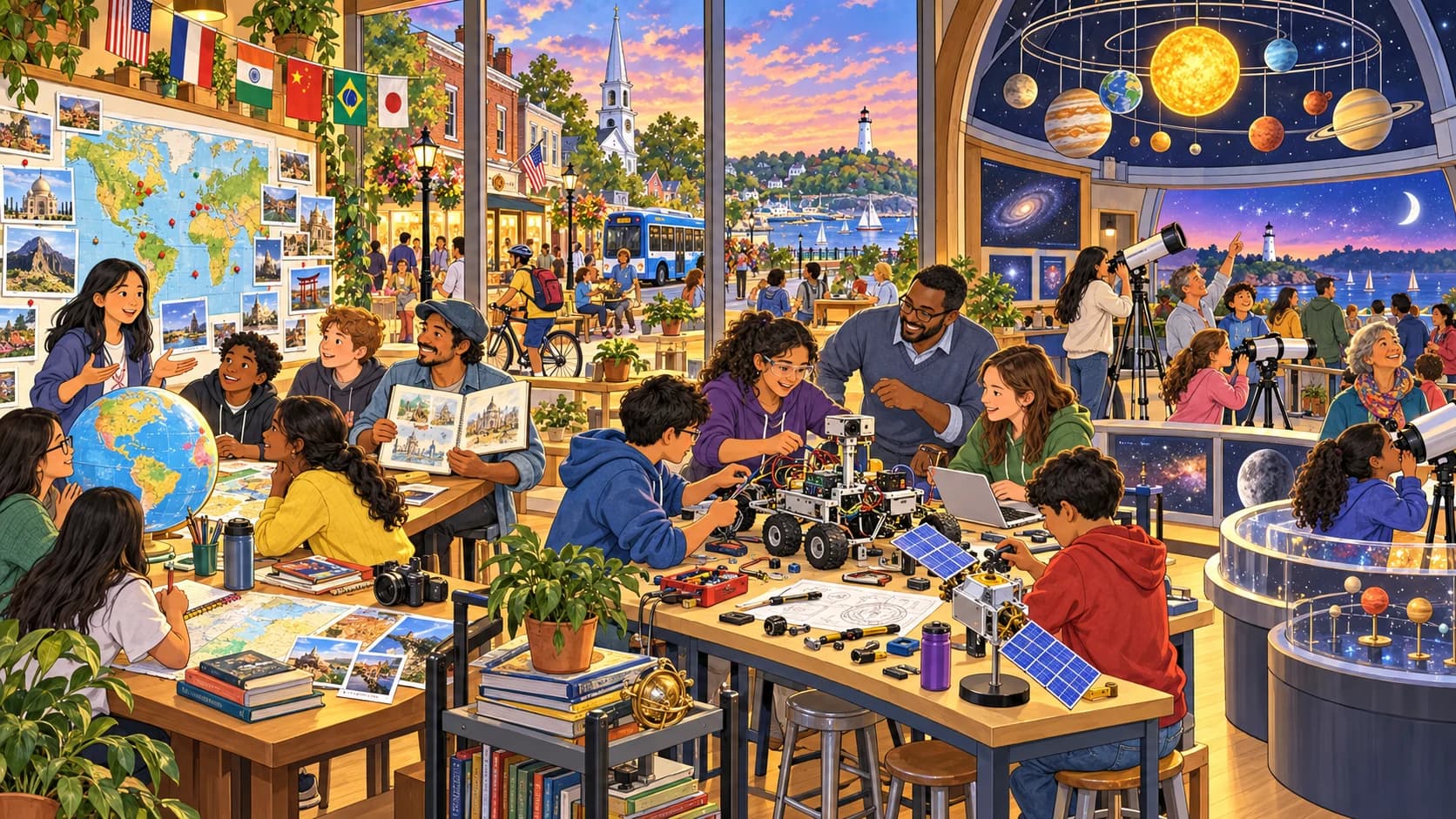 Human neighbors plan global exchanges, build a planetary rover, and explore astronomy together