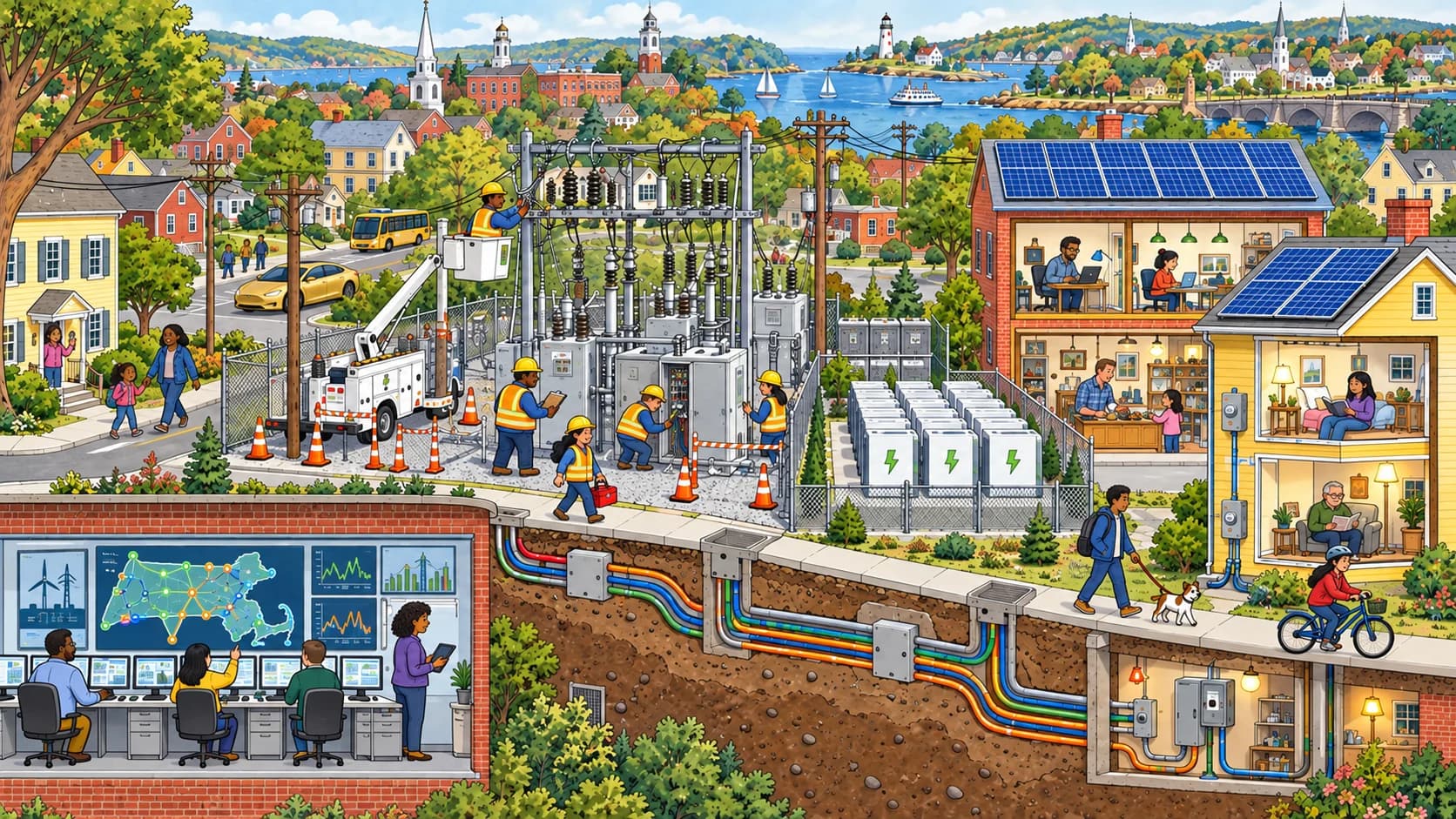 Utility crews modernize power lines, substations, storage, and local reliability