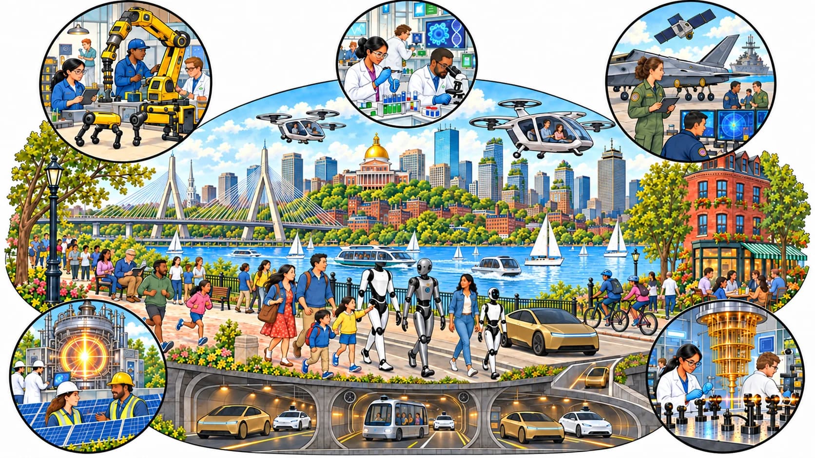 Future Boston with families and humanoid robots, passenger drones overhead, autonomous vehicles in underground tunnels, and five industry scenes