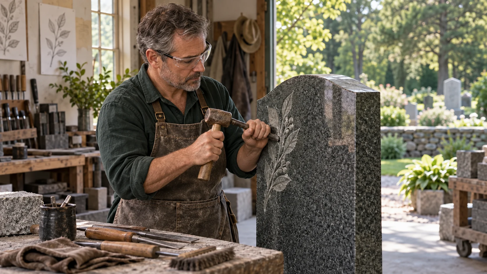A male stone artisan inscribes a botanical design into a granite headstone in a New England workshop