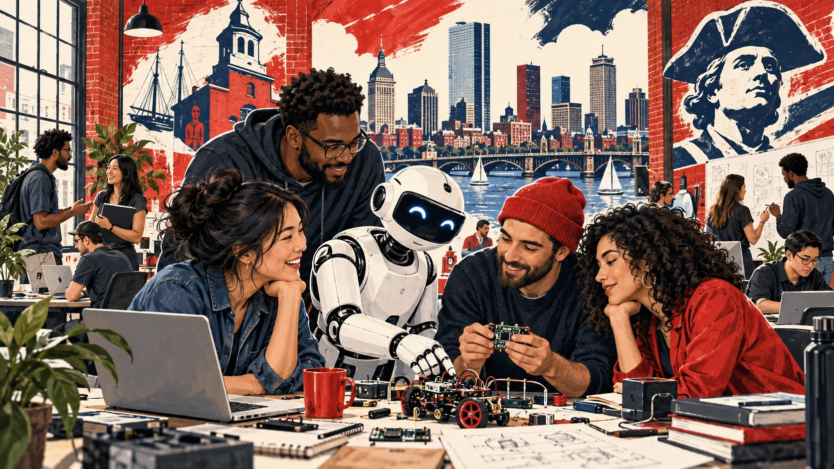 Boston AI builders gather around robots and prototypes in a lively collaborative workspace