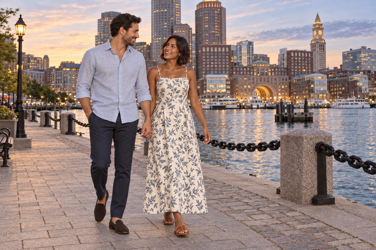 Mercer & Beacon’s Isabella navy-and-ivory botanical maxi dress on a Boston waterfront walk