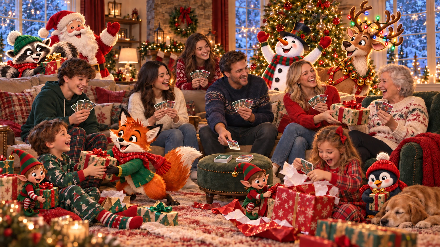 Family and friends playing Yankee Heist with Christmas gifts and illustrated holiday characters